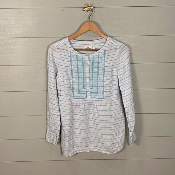 Vinyard Vines linen horizontal striped blue and white tunic embroidered size 0 - Picture 1 of 8